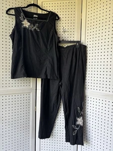 Premier International 2pc Linen Blend Tank Capri Set Black Floral Womens L 14-16 - Picture 1 of 10