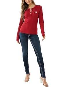 TRUE RELIGION Womens Red Button Down Long Sleeve Round Neck Henley Top Plus 2XL - Picture 1 of 3