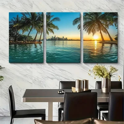 3pcs Brisbane Tropical Palm Tree Cityscape Wall Art Canvas Unframed/Framed - Image 1 of 4