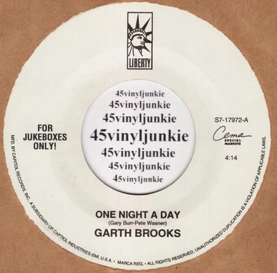 Garth Brooks NM 45 rpm "One Night A Day" on Liberty Records - Image 1 of 2