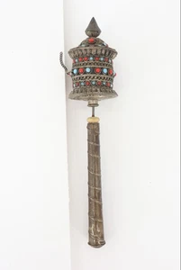 Antike silberne Gebetsmühle, verziert mit Türkis und Halbedelsteinen - Bild 1 von 6