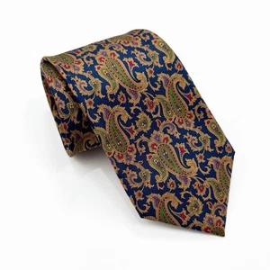 Brioni Tie Paisley Navy Blue Tan 100% Silk Handmade 60" Italy Luxury Designer - Picture 1 of 13