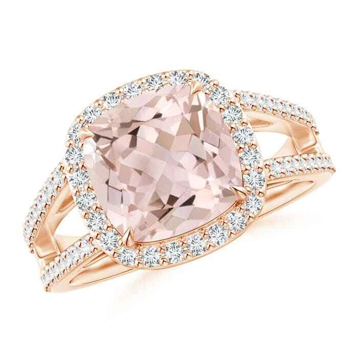 ANGARA 3.2 Ct Cushion Morganite Split Shank Ring with Diamond Halo in 14K Gold - Image 1 of 1