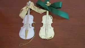 2er Set Gold & Weiß Kunststoff MUSIK GEIGE Weihnachtsschmuck - Bild 1 von 1