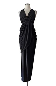 BEBE Dress Halter Draped Black Grecian Jersey Surplice Open Back Stretch Maxi XS - Picture 1 of 10