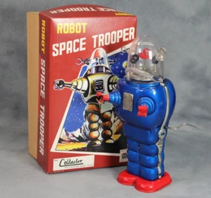 Robot de juguete HAHA de colección Space Trooper azul mecanismo de relojería lata caja original funcionando - Imagen 1 de 7