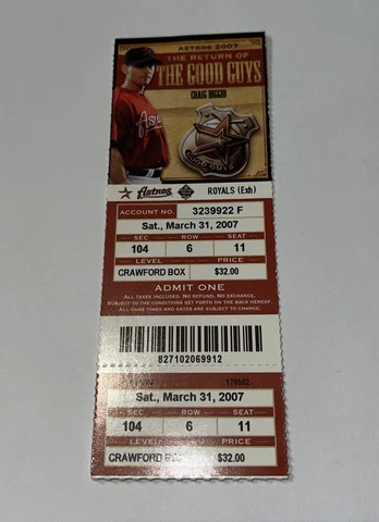 Houston Astros Vs Kansas City Royals Game day ticket Stub. 3/31/2007 Cover