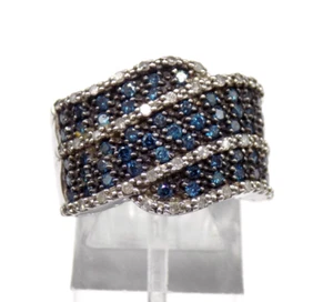 HSN Blue White Diamond Wide Band Ring 925 Sterling Silver Size 7.25 Signed MLD - Picture 1 of 9