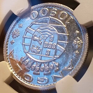 NGC MS62 - Portuguese Angola 10 escudos 1955 coin (SILVER! Almost Proof Like!) - Picture 1 of 4