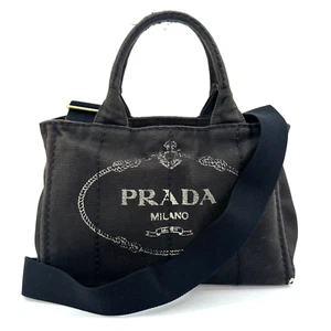 PRADA Canapa Tote Bag Small Size Canvas Denim Black Purse Authentic - Picture 1 of 23