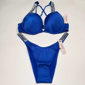 Victoria Secret 38D L Bombshell Push Up Top Bikini Set LOGO Shine Strap Blue - Picture 1 of 10
