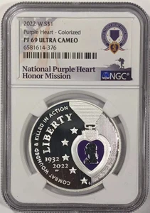 2022 W Purple Heart Commemorative Proof Silver Dollar Colorized - NGC PF69 Ultra - Bild 1 von 2