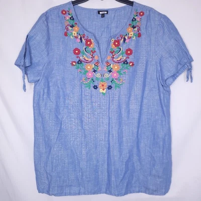 Talbots Top 1X Blue Chambray Linen Floral Embroidered Popover - Image 1 of 4