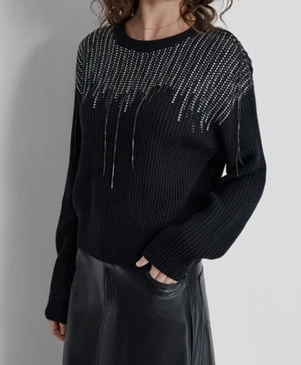 DKNY Women's Black Embellished-Fringe Rib-Knit Sweater Size L - Image 1 of 3