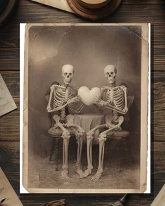 Tarjeta de San Valentín de Colección Victoriana Esqueleto Pareja Sosteniendo Corazón Gótico Macabro - Imagen 1 de 4