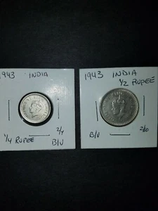 British India silver coins 1943 1/4 and 1/2 rupees unc - Picture 1 of 4