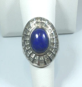 Vintage Sterling Silver Genuine Lapis Sparkly CZ Cocktail Ring Size 7 R140 - Picture 1 of 8