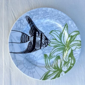 Anthropologie Tropical Black White Striped Fish 8” Salad Plate Flower Map New - Picture 1 of 6