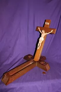 Vintage Wood Cross with Crucifix w Compartment for Candles & Holy Water Bottle - Picture 1 of 4