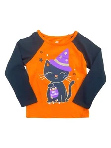 Toddler Girls Orange Black Long Sleeve Kitty Witch Halloween T-Shirt 2T - Picture 1 of 2