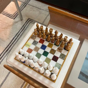 White Marble Chess Set Coffee Table Top - Multi-Stone Inlay Art, Unique Gifts - Picture 1 of 7