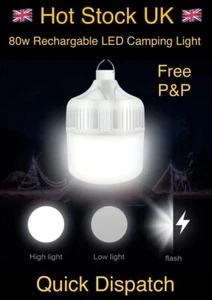 80W LED Outdoor Light Bulb with Hanging Rechargeable BBQ Camping Emergency Lamp - Picture 1 of 6