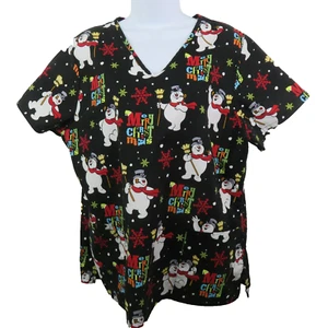 Frosty The Snowman Scrub Top Womens Size L Black Red Merry Christmas Shirt - Picture 1 of 10