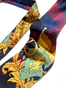 GIANNI VERSACE VINTAGE AÑOS 90 ESCUDO DE ARMAS REAL CORBATA REINA REINO UNIDO BANDERAS NÁUTICAS AZUL - Imagen 1 de 17