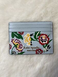 New Kate Spade Floral Dragon Printed Flame Small Slim Card holder Blue Multi