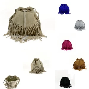 Woman Boutique Tassel Deco Soft Real Suede Leather Small Bucket Shoulder Bag - Picture 1 of 15