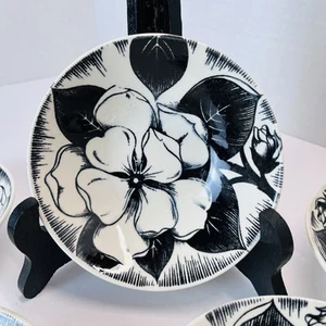 VTG MCM Homer Laughlin 5 Berry Bowls - Malay Dura Print -Black White Floral -5” - Picture 1 of 5