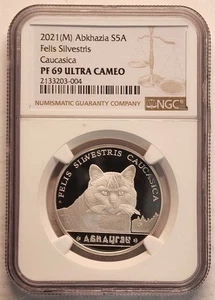 2021 RUSSIA 5A - FELIS SILVESTRIS CAUCASICA CAT - NGC PF69 UC - 1 OZ SILVER COIN - Picture 1 of 6