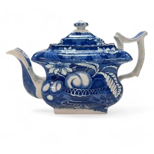 Antique c1820s Blue Transferware Teapot, Fruit Flower Basket - Picture 1 of 16