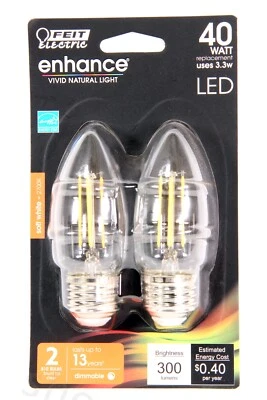 FEIT Electric 3.3W 2700K 300 B10 2 Pack Lumen Soft White LED Bulb Dimmable NEW - Image 1 of 2