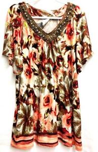 *Avenue pink brown floral print v neck embellished short sleeve plus top 26/28