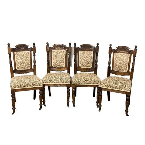 Chairs, Victorian, Set of Four, Carved, English, Shell Crest, Floral Upholstery! Cover
