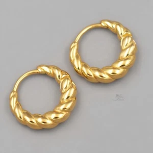 Gold Polished Twist Huggie Hoop Earrings 925 Sterling Silver Women men gift 337 - Picture 1 of 5