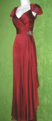 JS Collection Red Wine Chiffon Ruched Brooch Long Gown Dress 12 $188 MISC - Image 1 of 4