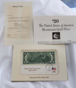 Bicentennial Official Two Dollar BILL FIRST DAY OF ISSUE APRIL 13 1976 Uncircula