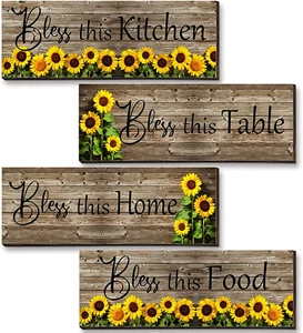 4 Pieces Sunflowers Wall Decor Bless This Kitchen Table Home Food Wood Wall Art - Picture 1 of 7
