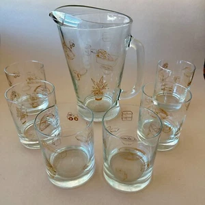 Vintage 7-Piece PITCHER & ROCKS GLASSES Gold Decorations of 50s Housewares - Picture 1 of 20