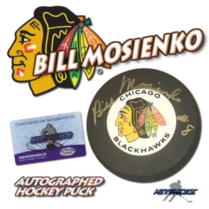Bill Mosienko Signed Chicago Blackhawks Legend Puck - w/COA #4 - Picture 1 of 1