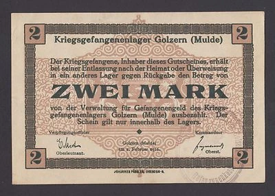 🔴GERMANY  2 Mark 1916 XF  WWI - POW - Concentration Camp - Golzern  with seal🔴 - Image 1 of 2