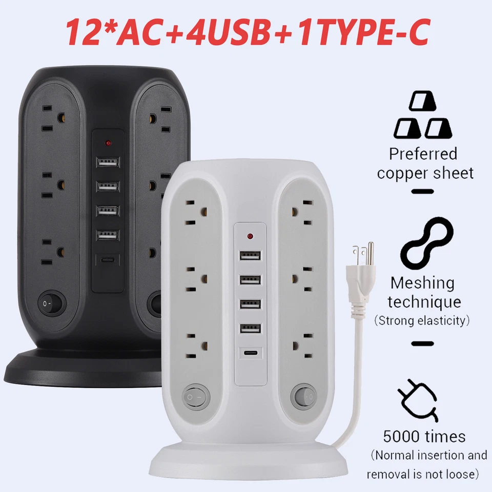 Multi Socket Wall Socket Power Strip With 12 AC Outlets & 5 USB Ports 1 Type C  - Image 1 of 4