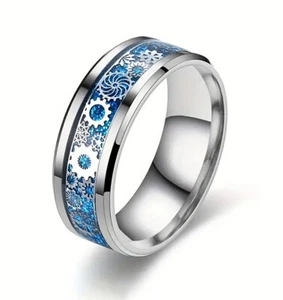 Herrenring poliert Edelstahl Steampunk Zahnräder mit blauer Folie Bandring-Größe 7-13 - Bild 1 von 1