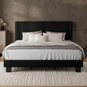 King platform bed frame with fabric upholstered headboard & thickened - Picture 1 of 7