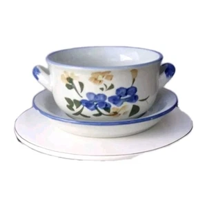 Chi Jiang Soup Bowl/ Saucer- Hand Painted Stoneware Floral NOS - Picture 1 of 6