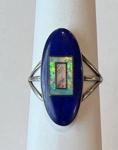 Navajo Inlay Sterling Ring Lapis Opal Rhodochrosite Signed DAS 9.75 Southwest - Picture 1 of 9