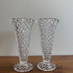 2 VINTAGE CRYSTAL VASE WAFFLE PATTERN GREAT CONDITION ART GLASS TEXTURED 8.5" - Picture 1 of 5