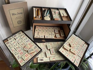 Antique Hillson’s 1923 Mah Jong Game Set Celluloid On Wood 148 Tiles Booklet - Picture 1 of 14